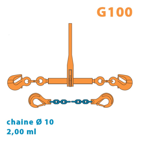 Arrimage Grade 100 (avec 2 raccourcisseurs G100) + 2,00 mètres de chaine Ø 10 Grade 100 (avec 2 crochets à linguet G100)