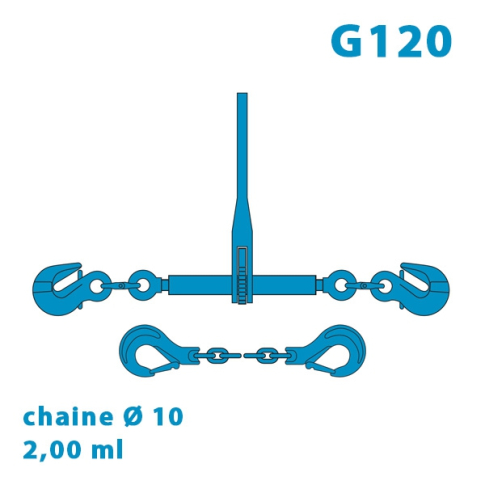 Arrimage Grade 120 (avec 2 raccourcisseurs G120) + 2,00 mètres de chaine Ø 10 Grade 120 (avec 2 crochets à linguet G120)