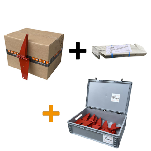 PACK 50 sabots de coffrage CROC + 100 Entretoises Alu coudées (15/20/25 cm) + 1 caisse de rangement offerte