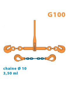 Arrimage Grade 100 (avec 2 raccourcisseurs G100) + 3,50 mètres de chaine Ø 10 Grade 100 (avec 2 crochets à linguet G100)