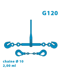 Arrimage Grade 120 (avec 2 raccourcisseurs G120) + 2,00 mètres de chaine Ø 10 Grade 120 (avec 2 crochets à linguet G120)