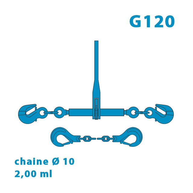 Arrimage Grade 120 (avec 2 raccourcisseurs G120) + 2,00 mètres de chaine Ø 10 Grade 120 (avec 2 crochets à linguet G120)